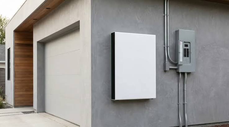 Tesla Powerwall installed on a garage wall next to an electrical panel.